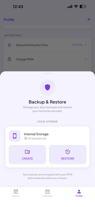 The Event Diary Backup & Restore sheet, showing internal storage with create and restore actions