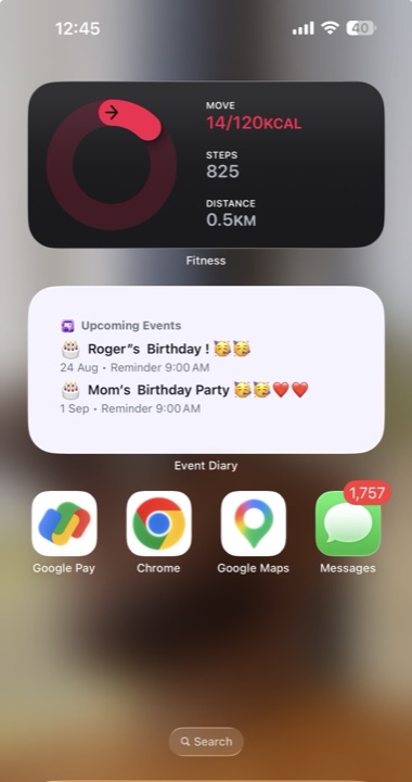 An iOS home screen with the Event Diary widget listing upcoming birthdays and their reminder times